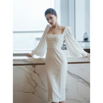 Alice簡約方領泡泡袖小碼連衣裙高階日常聚會party年會宴會晚禮服