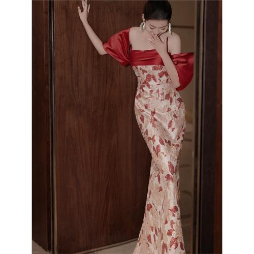 Alice復古提花設計敬酒服新娘一字肩小眾氣質訂婚回門晚禮服宴會