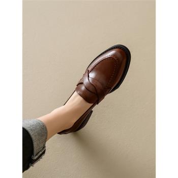 【牛皮】【新年】一腳蹬英倫樂福鞋圓頭粗跟小皮鞋單鞋子女春秋