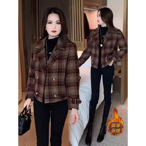 短款毛呢外套女2024秋冬新款時尚洋氣寬松減齡休閑百搭格子上衣