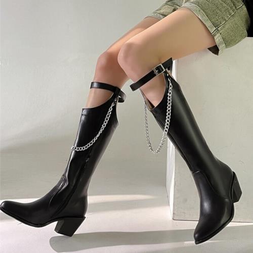 歐美風帥氣中高跟馬靴金屬鏈條尖頭粗跟騎士靴大碼44 45 46 47 48