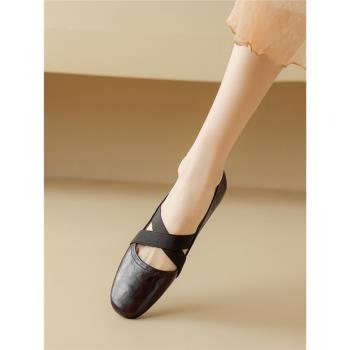 【羊皮】【新品】平底復古芭蕾舞鞋圓頭一腳蹬真皮單鞋子女春秋
