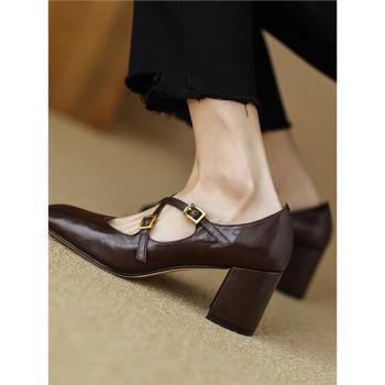 【羊皮】【新品】復古高跟小皮鞋方頭時尚氣質單鞋子女春秋