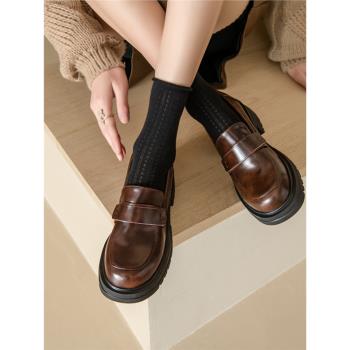 【牛皮】【新品】厚底小個子樂福鞋復古圓頭深口單鞋女春秋