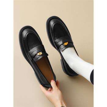 【牛皮】【風潮】純色通勤小皮鞋一腳蹬樂福鞋粗跟單鞋子女春秋