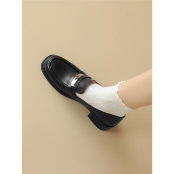 【牛皮】【風潮】一腳蹬通勤樂福鞋時尚休閑粗跟單鞋子女春秋