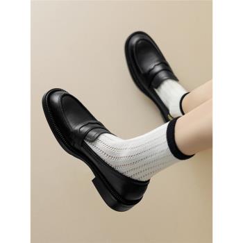 【頭層牛皮】【風潮】日常通勤小皮鞋粗跟金屬樂福鞋單鞋子女春秋