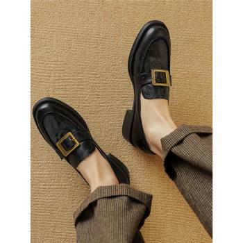 【羊皮】【新品】一腳蹬休閑樂福鞋粗跟小皮鞋日常單鞋女春秋