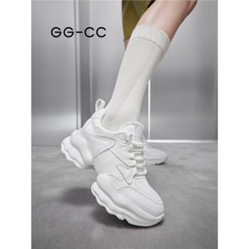 【雲朵焦糖】GGCC厚底真皮老爹鞋女新款增高百搭白色休閑運動鞋