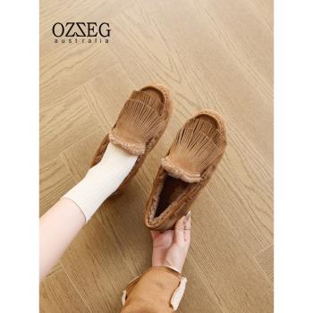 OZZEG印第安唐卡豆豆鞋女羊皮毛一體秋冬加絨流蘇單樂福平底船鞋