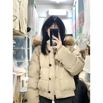 高階感大毛領白鴨絨連帽麵包羽絨服女短款小個子棉服外套加厚冬季