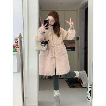 韓系小香風粉色羊羔毛牛角扣外套女寬松慵懶連帽毛毛大衣加厚冬季