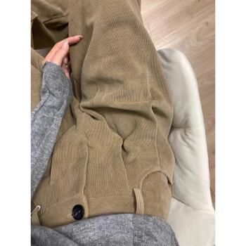 大碼卡其色加絨加厚雪尼爾闊腿褲女秋冬季棕色高腰直筒燈芯絨褲子