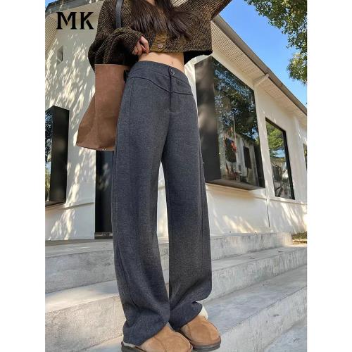MACKERL KISS灰色香蕉褲女夏季新款直筒窄版闊腿褲羊毛呢彎鐮刀褲