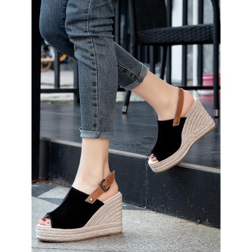 草編坡跟女士防水臺魚嘴涼鞋春夏真皮簡約透氣吸汗扣帶時裝涼鞋