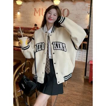 美式復古設計感小眾夾棉棒球服外套女2024年秋冬新款韓系夾克上衣
