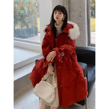 高階感紅色大毛領羽絨服女2024冬季新款韓版寬松中長款過膝麵包服
