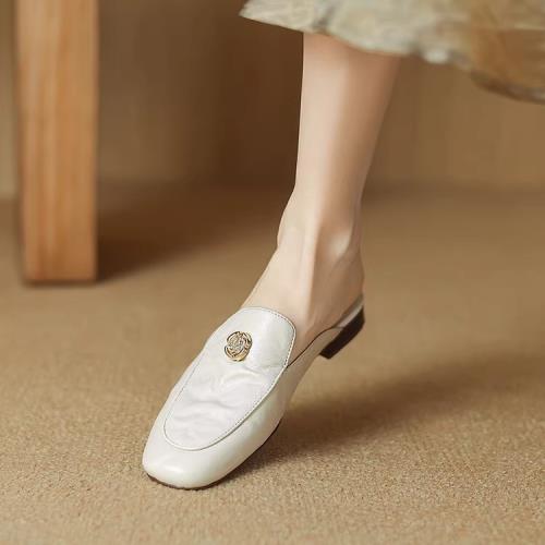 原創百搭全羊皮復古包頭半托女粗跟2025年夏季新款方頭低跟涼拖鞋