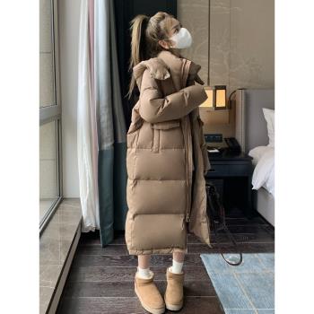 美拉德咖色羽絨棉服女中長款2024冬季新款加厚保暖過膝麵包服棉襖