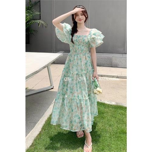 2025夏季新款法式溫柔風碎花雪紡連衣裙女方領氣質荷葉邊顯瘦長裙