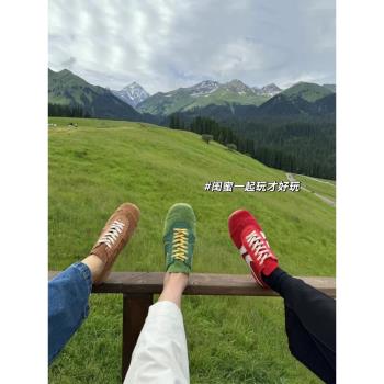 真皮復古內增高紅色德訓鞋女2025夏季新款百搭平底休閑運動阿甘鞋