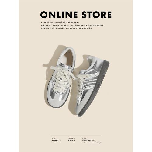 真皮~銀色德訓鞋女2025新款春秋內增高蕾絲邊學生板鞋平底休閑鞋