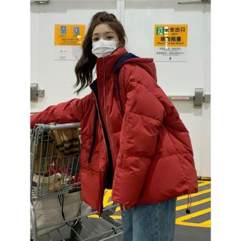 紅色羽絨棉服女冬季短款2025蛇年本命年聖誕服新年加厚保暖麵包服