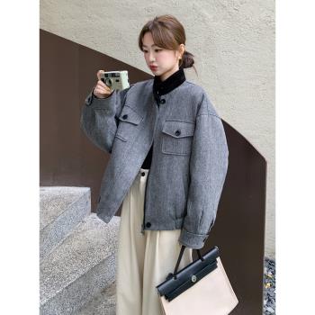人字紋灰色短款羽絨內膽毛呢外套女2024年冬季新款小個子呢子夾克