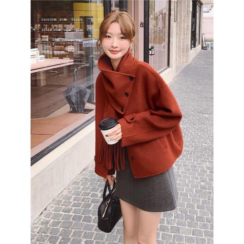 高級感紅色雙面毛呢外套女冬季短款小個子2025新款回門便裝呢大衣