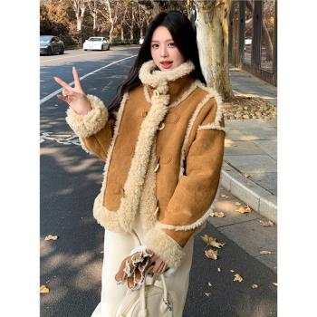 卡其色機車風立領羊羔毛外套女冬短款皮毛一體加絨加厚麂皮絨夾克