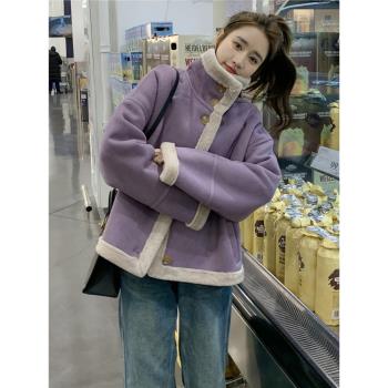 紫色皮毛一體加厚外套女冬季短款小個子羊羔毛加絨保暖麂皮絨夾克