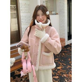 甜美粉色羊羔毛皮毛一體外套女小個子2024深秋初冬穿搭加厚機車服