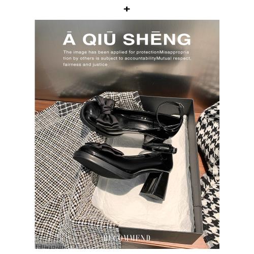 2026年新款黑色漆皮粗跟單鞋圓頭甜酷風蝴蝶結高跟瑪麗珍jk小皮鞋