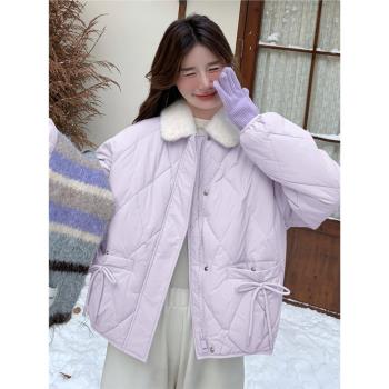 紫色菱格輕薄棉服女冬季短款小個子韓系溫柔風羊羔毛拼接羽絨棉衣