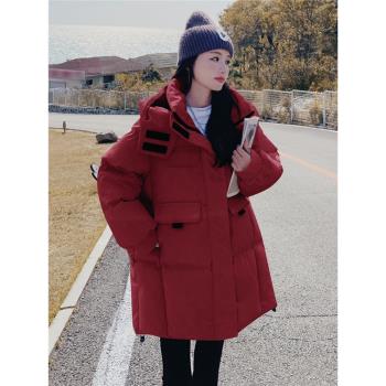 紅色工裝派克棉服女冬季中長款小個子2024新款加厚羽絨棉衣麵包服