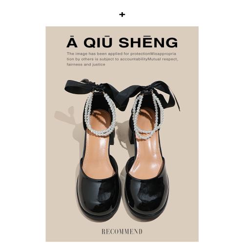 單鞋女2026新款法式中空珍珠蝴蝶結仙女風高跟鞋粗跟包頭涼鞋春秋