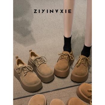 單鞋女2024冬季新款潮流時尚小個子增高厚底復古百搭小皮鞋