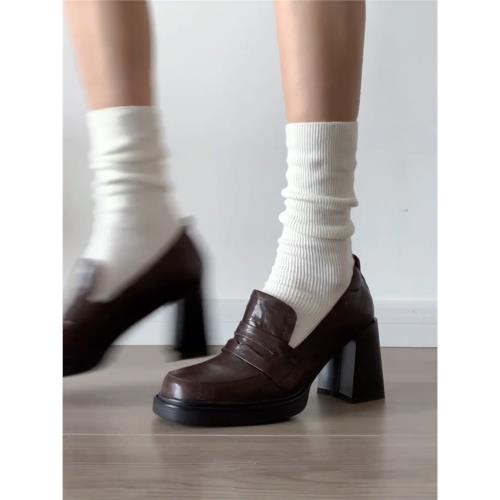 超軟羊皮！英倫小皮鞋女2025新款夏天棕色法式粗跟樂福鞋高跟單鞋