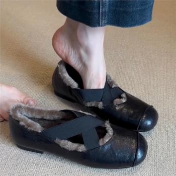 羊皮版~復古風交叉帶厚絨淺口瑪麗珍單鞋女平底一腳蹬真皮毛毛鞋