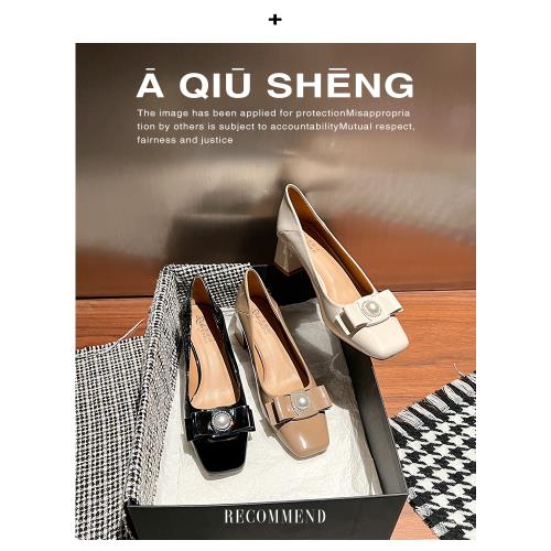 黑色漆皮高跟鞋女2025年新款蝴蝶結方頭粗跟單鞋不累腳軟底晚晚鞋