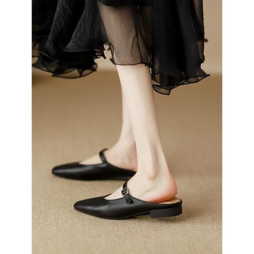 法式真皮包頭半拖鞋女夏外穿2025新款百搭低跟涼拖平底懶人穆勒鞋