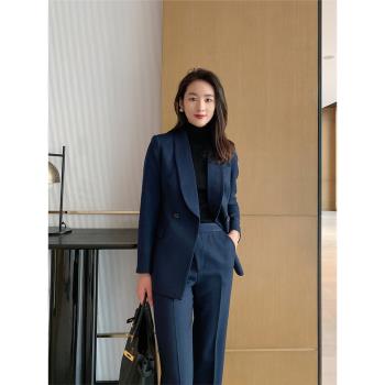冬季加厚藏青色氣質顯高瘦西服喇叭褲女士商務裝辦公通勤西裝套裝