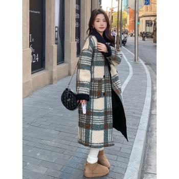 設計感兩面穿復古格子毛呢外套女2024冬季新款氣質中長款呢子大衣