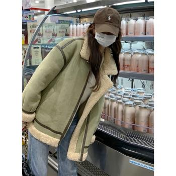 皮毛一體羊羔毛外套女冬季加厚小個子2024新款拼接綠色機車服棉衣