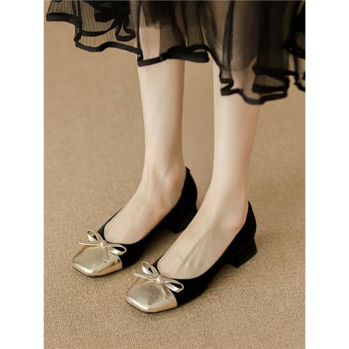 法式復古拼色小香風粗跟單鞋女2025新款方頭淺口中跟蝴蝶結通勤鞋