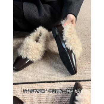 牛皮~韓系加絨毛毛鞋女冬季英倫風小皮鞋2024新款內增高平底單鞋