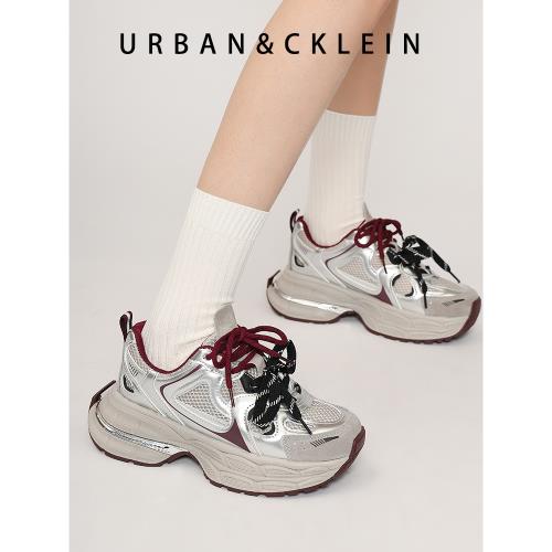 牛皮版~2025年早春新款厚底銀色老爹鞋女增高休閑鞋真皮運動鞋女