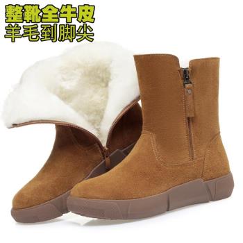 薏爾康雪地靴女加絨加厚冬季真皮厚底防滑羊毛棉鞋保暖媽媽短靴