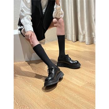 阿馬司新款厚底單鞋女英倫復古百搭系帶真皮圓頭水洗牛皮德比鞋