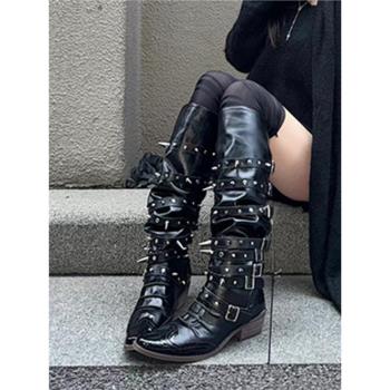 牛皮版~2025新款歐美鉚釘朋克風真皮暗黑風小眾金屬扣帶騎士靴女